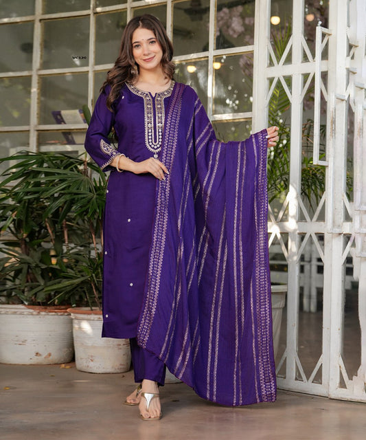 Kurta Set Purple Chanderi Embroidered with Pant and Dupatta