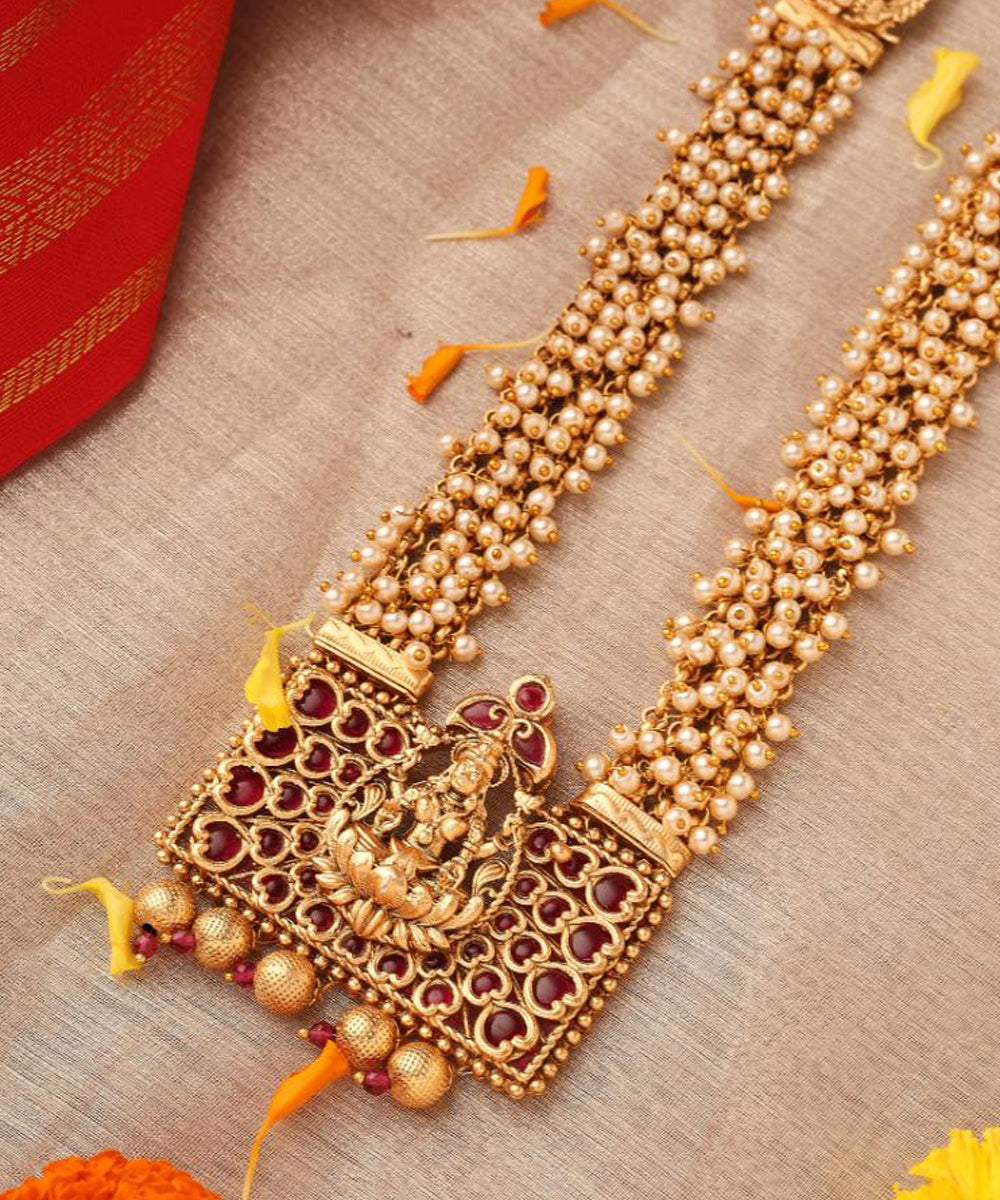 Long Pearl Necklace with Rectangle Lakshmi Pendant