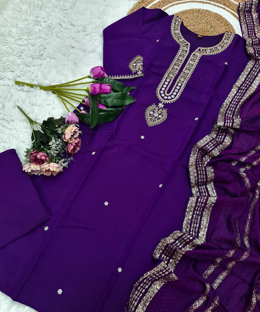 Kurta Set Purple Chanderi Embroidered with Pant and Dupatta