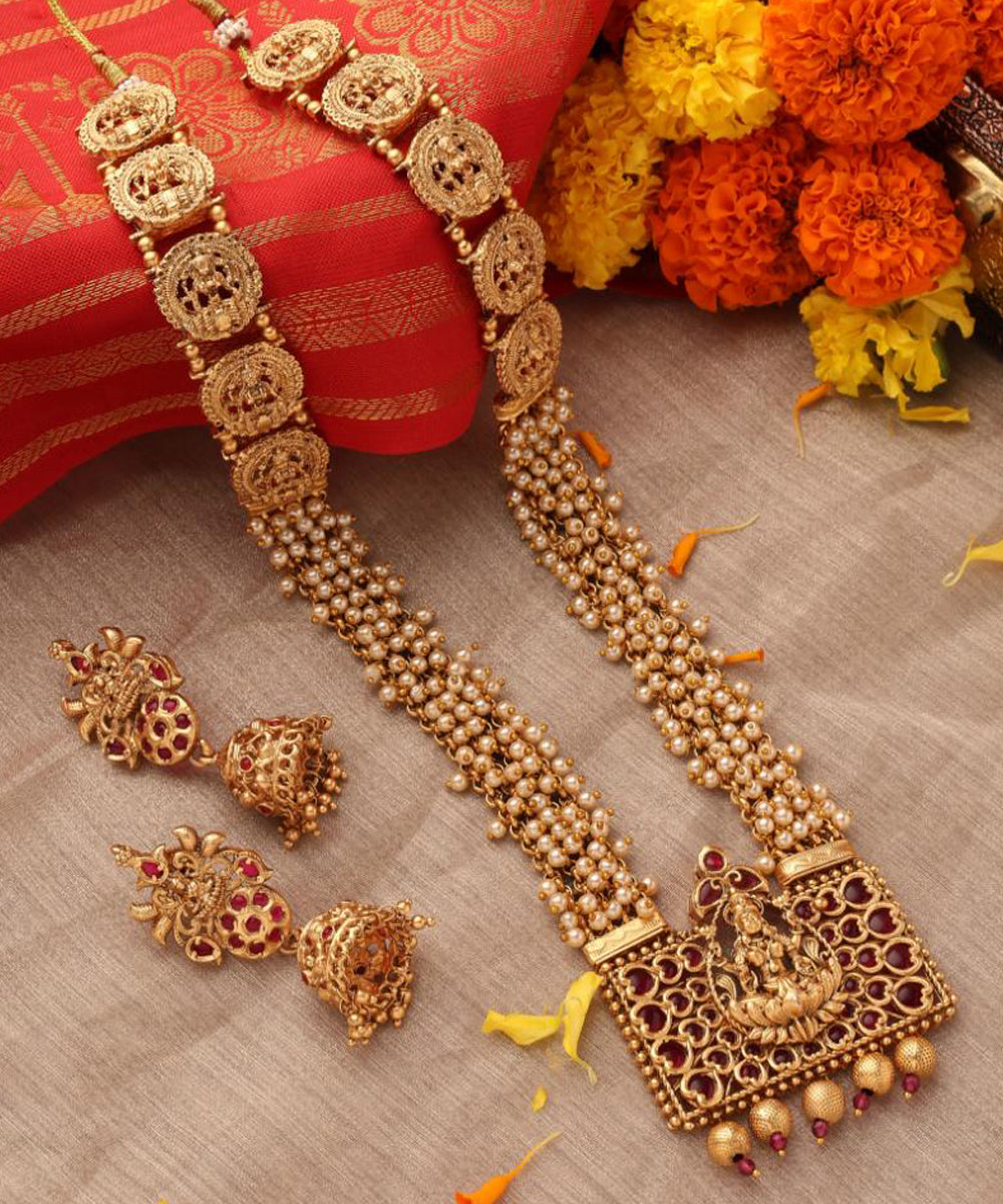Long Pearl Necklace with Rectangle Lakshmi Pendant