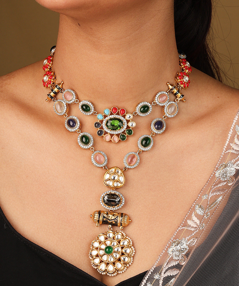 Curved Colourful Stone Necklace with Engraved Circle Pendant and Matching Earrings