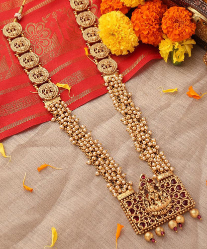 Long Pearl Necklace with Rectangle Lakshmi Pendant