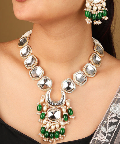 Necklace with Shapeless Transparent Kundan Stones and Dark Green Jhumkis