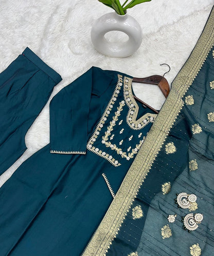 Kurta Set Green Art Silk Embroidered with Pant and Dupatta
