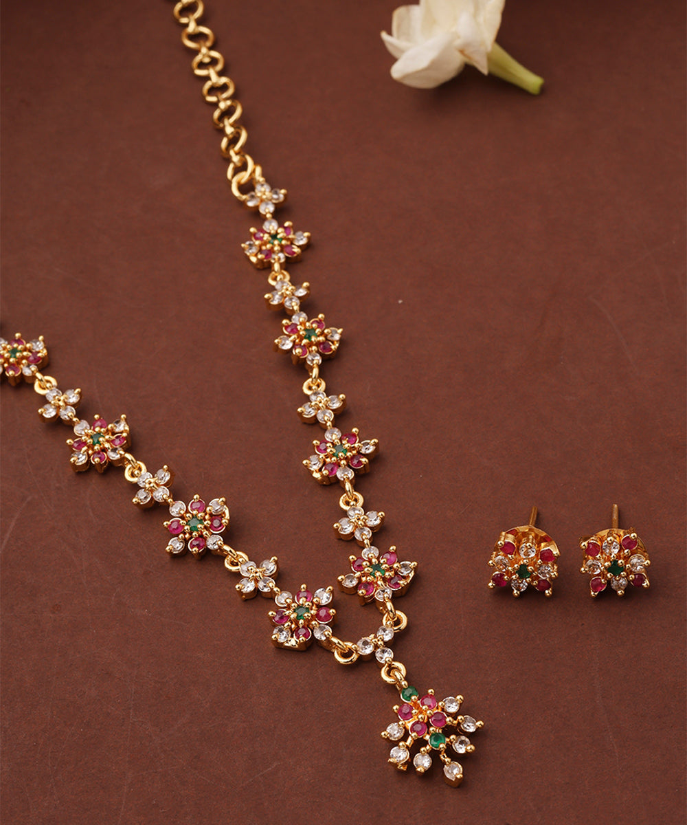 Gold Plated Minimalistic Flower Shaped Necklace Set with American Stones