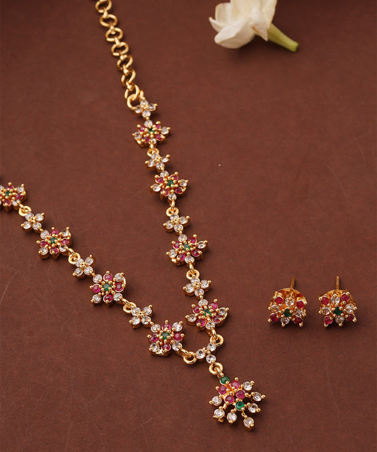 Gold Plated Minimalistic Flower Shaped Necklace Set with American Stones