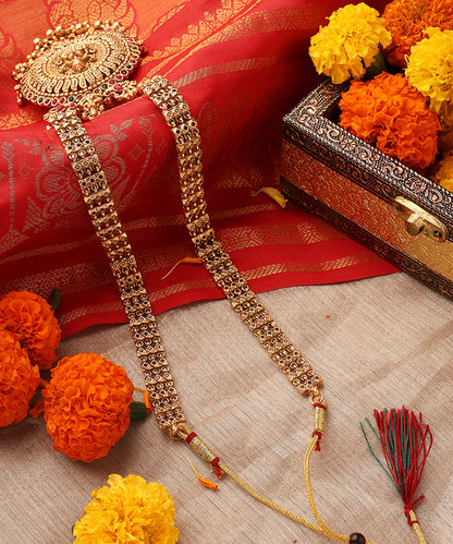 Gold Plated Long Necklace Set with Round Lakshmi Motif
