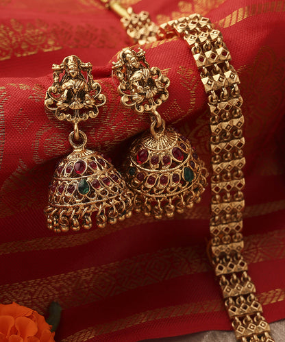 Gold Plated Long Necklace Set with Round Lakshmi Motif