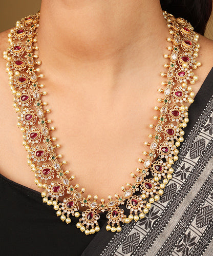 Guttapusalu Necklace with Tiny Jhumkis and Curved Detailing in Red Stones