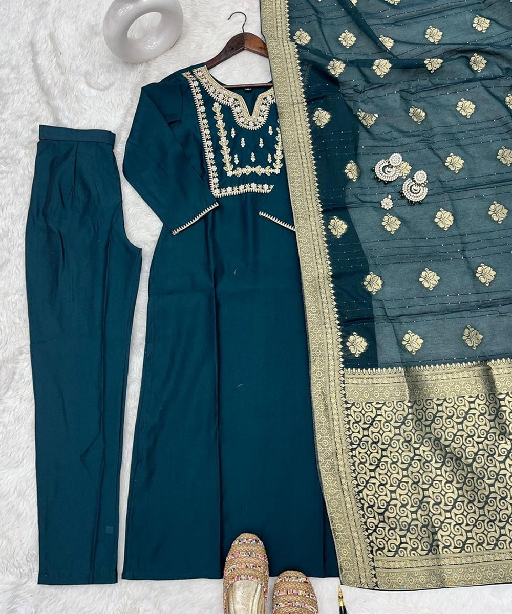Kurta Set Green Art Silk Embroidered with Pant and Dupatta