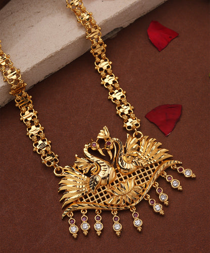 Gold Plated Long Necklace with Swan Pendants and American Diamond Accents