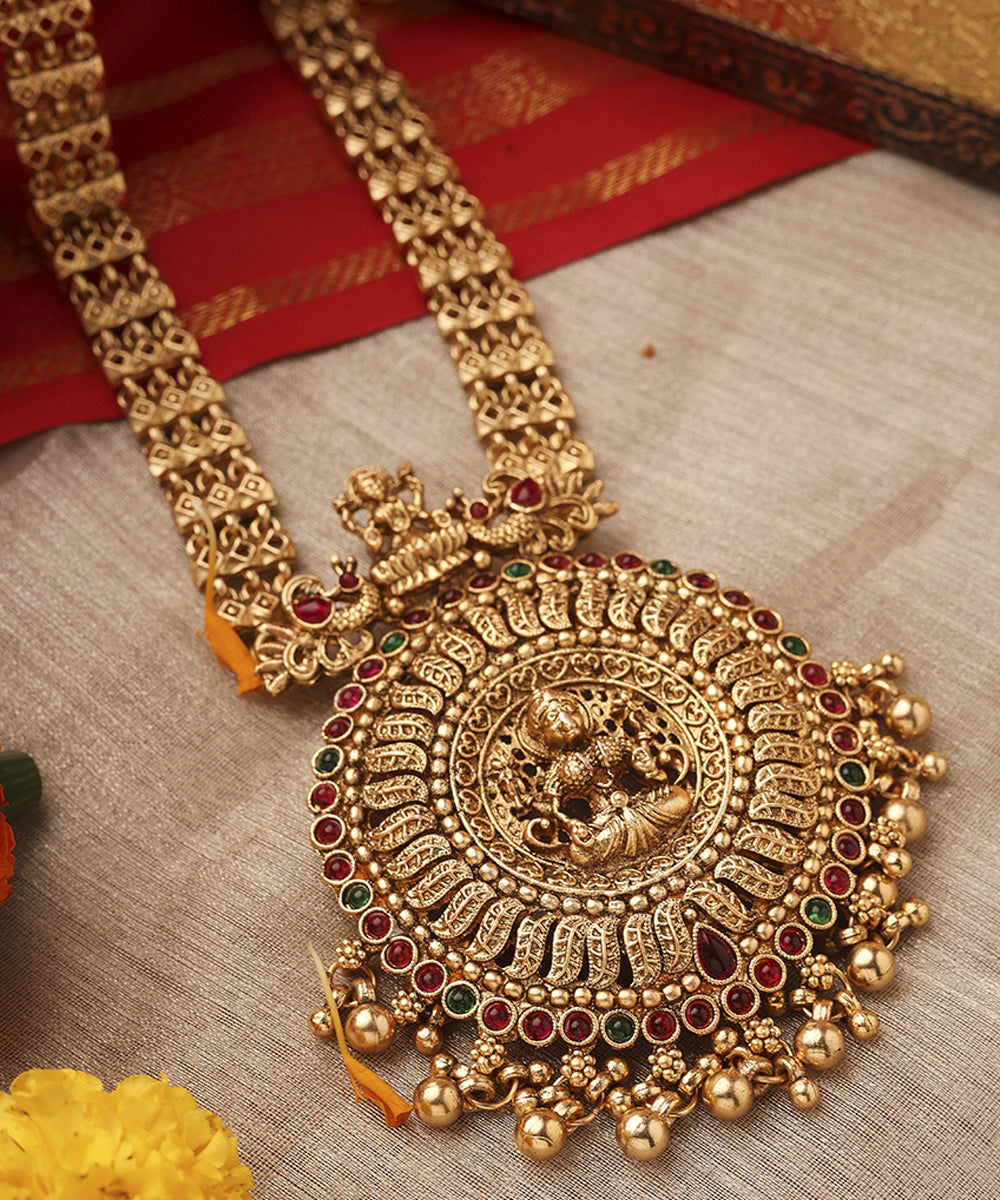 Gold Plated Long Necklace Set with Round Lakshmi Motif