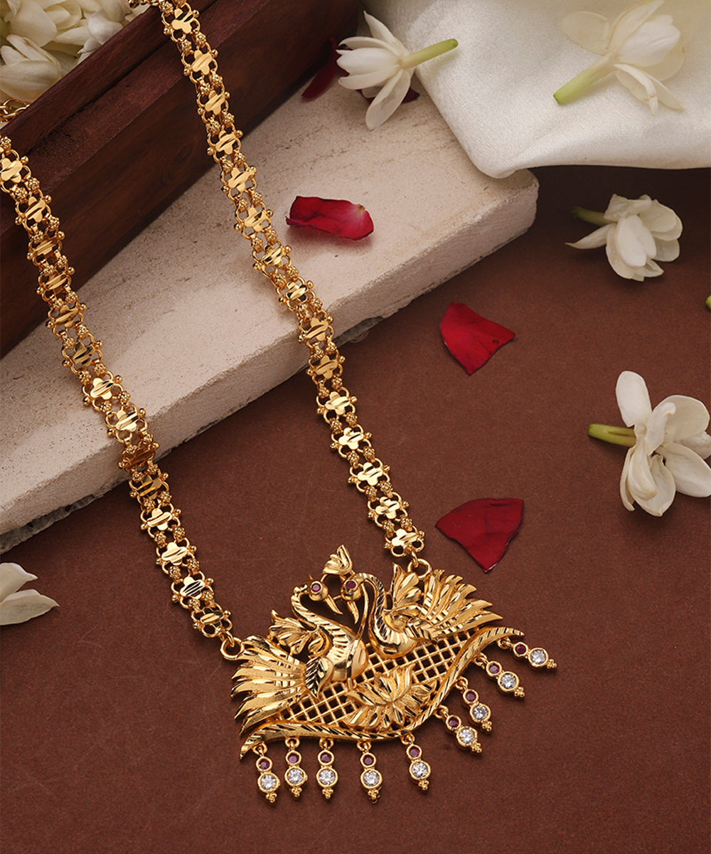 Gold Plated Long Necklace with Swan Pendants and American Diamond Accents