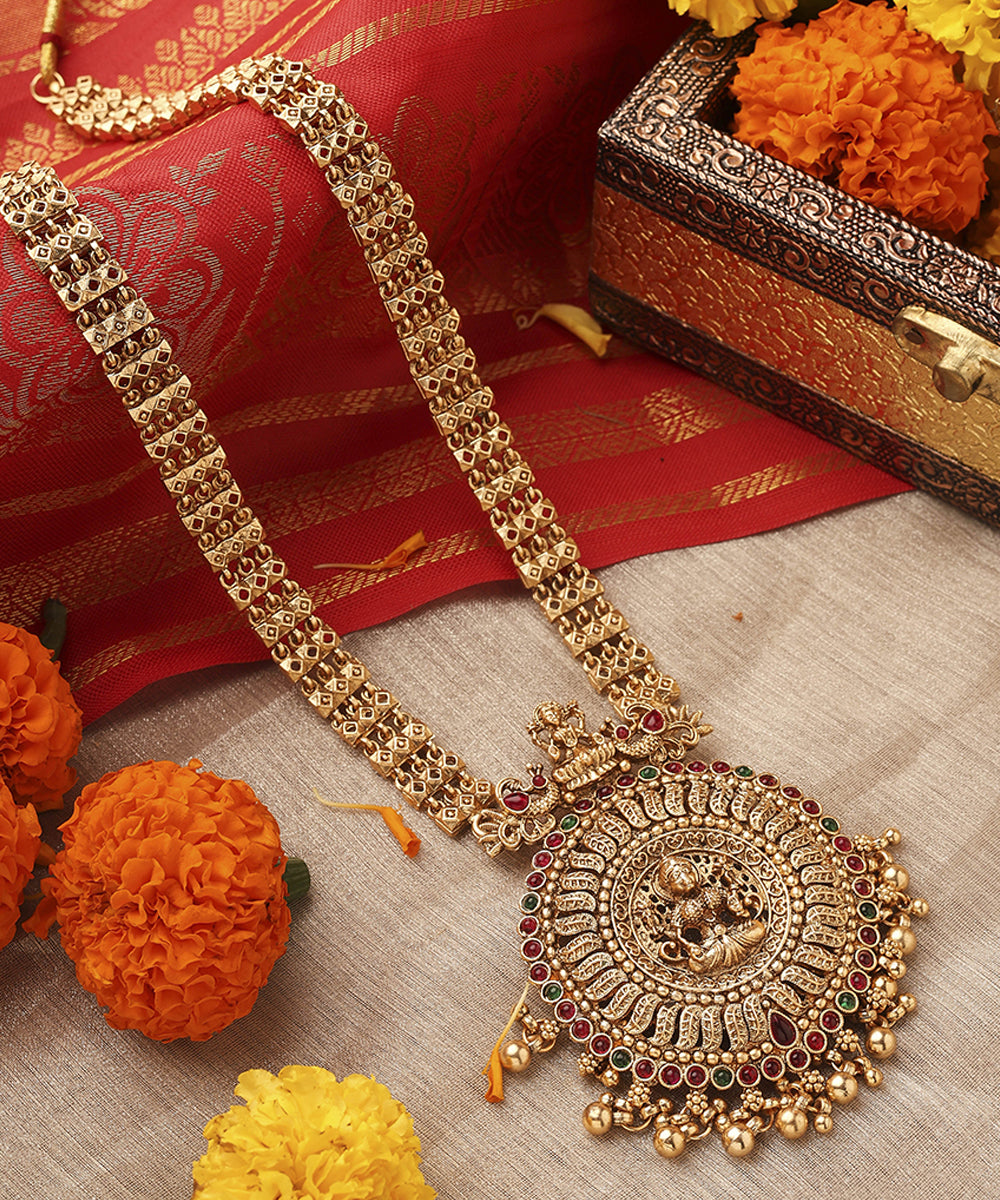 Gold Plated Long Necklace Set with Round Lakshmi Motif