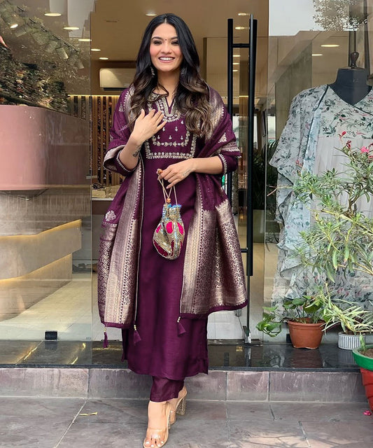 Kurta Set Purple Art Silk Embroidered with Pant and Dupatta