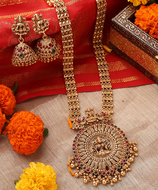 Gold Plated Long Necklace Set with Round Lakshmi Motif