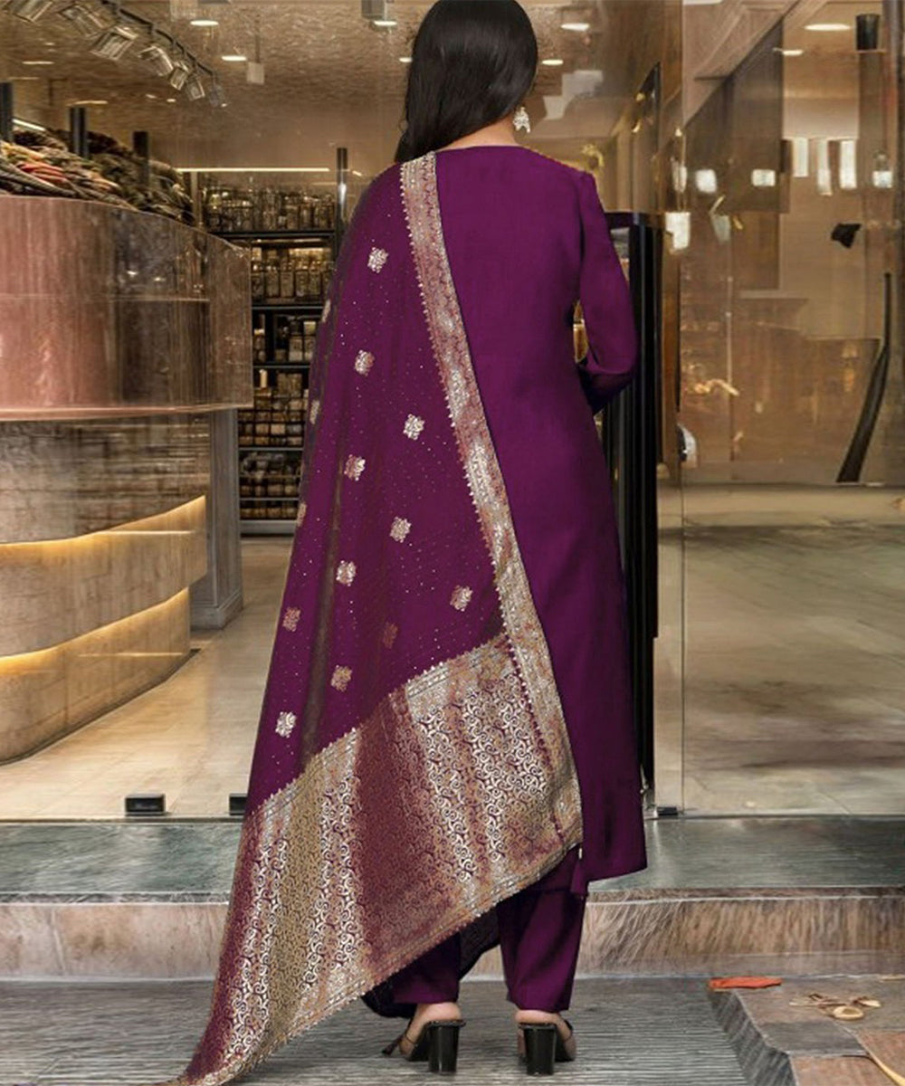 Kurta Set Purple Art Silk Embroidered with Pant and Dupatta