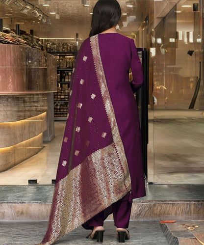 Kurta Set Purple Art Silk Embroidered with Pant and Dupatta