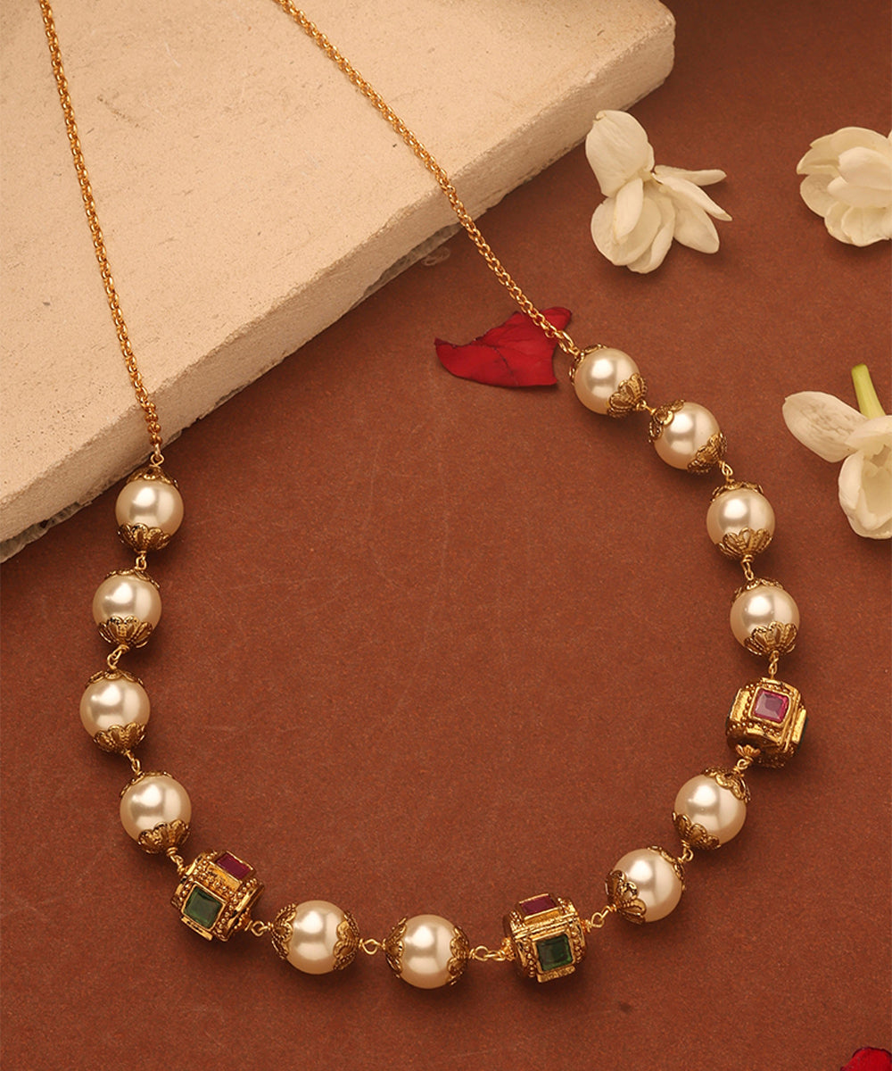 Pearl Necklace with Stone Studded Gold Balls