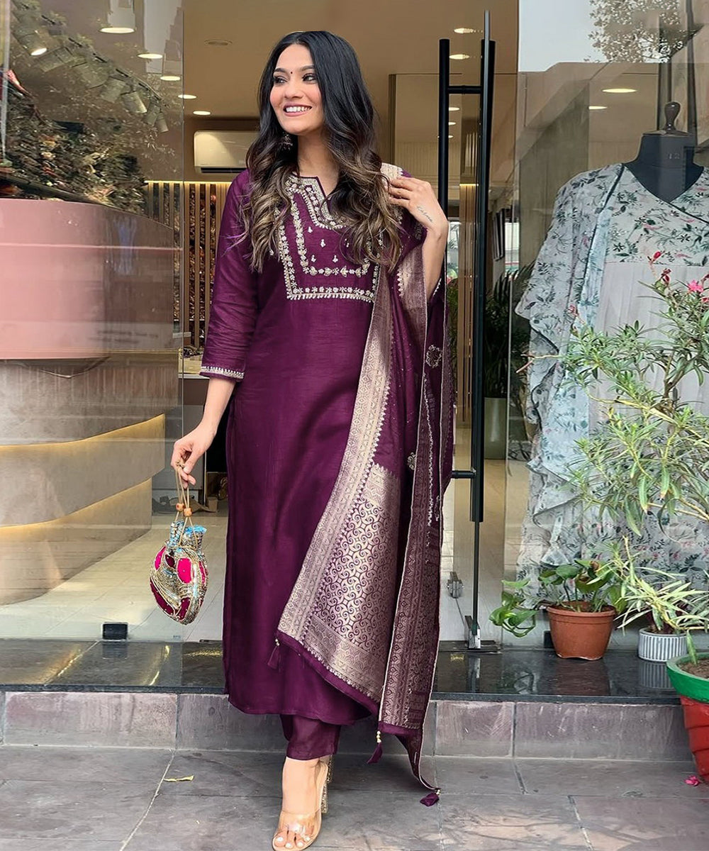 Kurta Set Purple Art Silk Embroidered with Pant and Dupatta