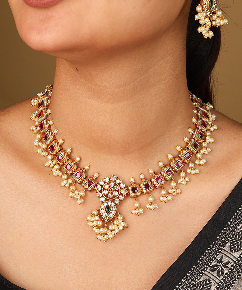 Exquisite Gold Plated Guttapusalu Necklace with Stone Embellishments