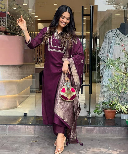 Kurta Set Purple Art Silk Embroidered with Pant and Dupatta