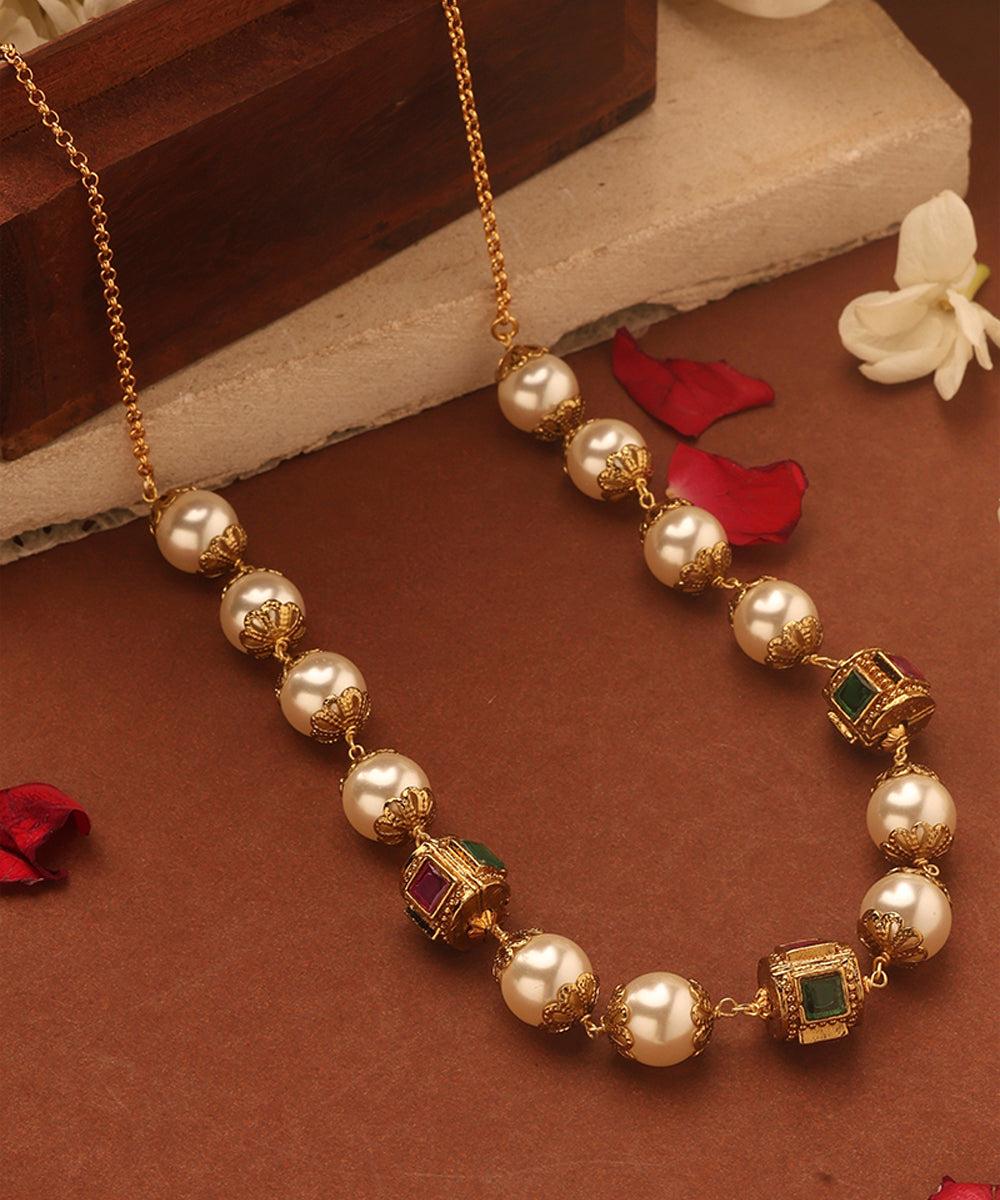 Pearl Necklace with Stone Studded Gold Balls