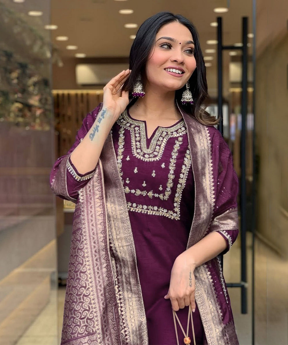 Kurta Set Purple Art Silk Embroidered with Pant and Dupatta