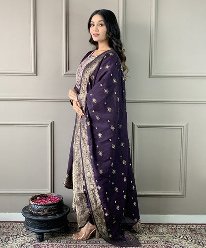 Kurta Set Purple Chanderi Embroidered with Pant and Dupatta