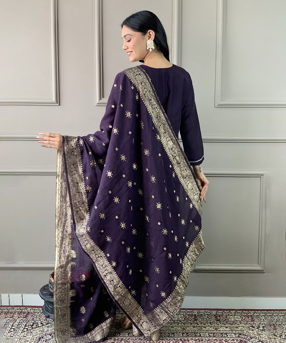 Kurta Set Purple Chanderi Embroidered with Pant and Dupatta
