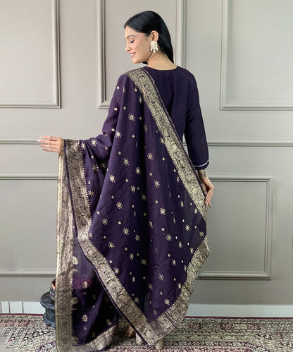 Kurta Set Purple Chanderi Embroidered with Pant and Dupatta