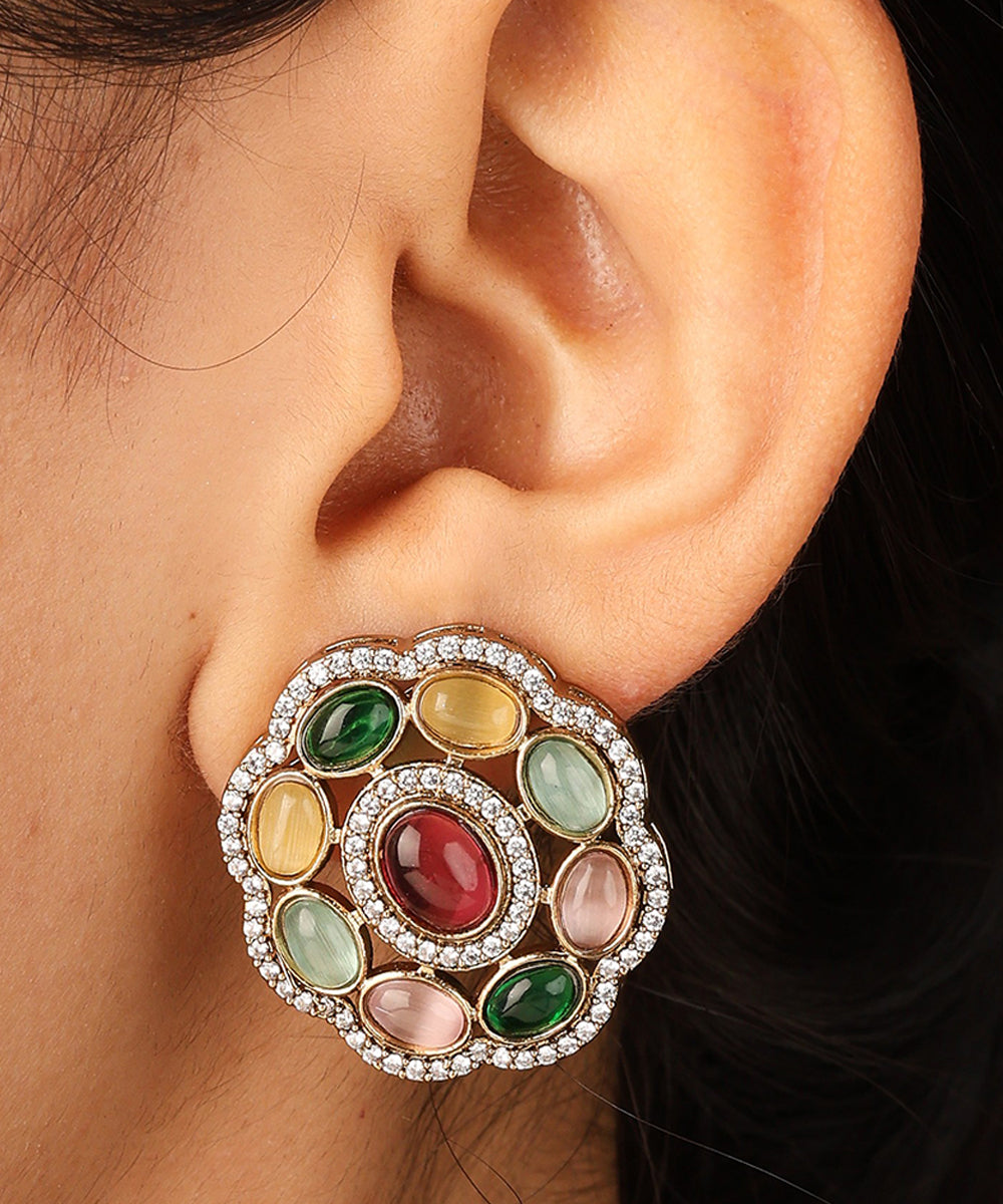 Gold Plated Circle Necklace with colourful Flower Pendants Matching Earrings and Maang Tikka