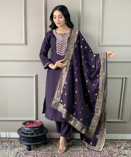 Kurta Set Purple Chanderi Embroidered with Pant and Dupatta