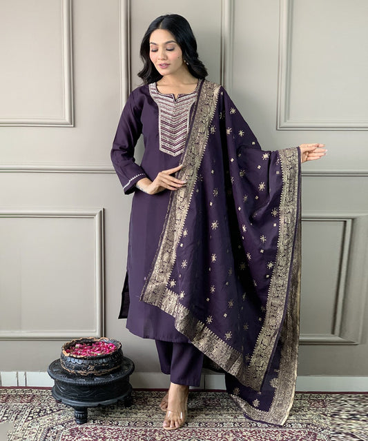 Kurta Set Purple Chanderi Embroidered with Pant and Dupatta
