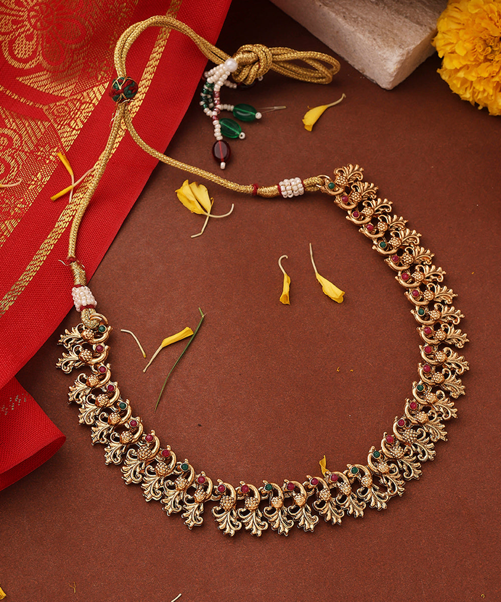 Gold Plated Necklace Set with Peacock Motif Design