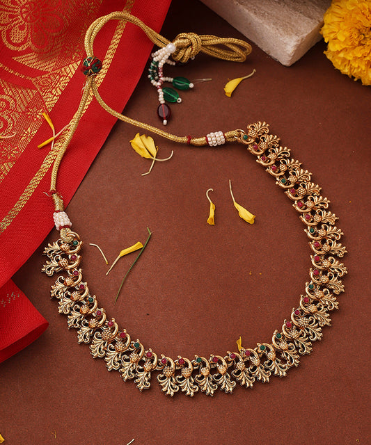 Gold Plated Necklace Set with Peacock Motif Design