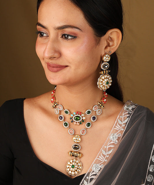 Curved Colourful Stone Necklace with Engraved Circle Pendant and Matching Earrings