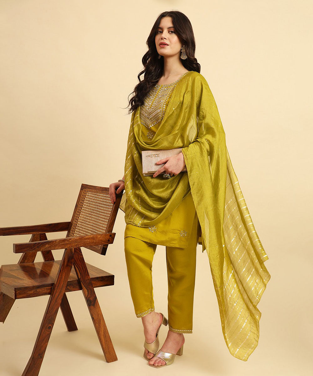Kurta Set Olive Green Silk Blend Embroidered with Pant and Dupatta