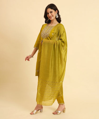 Kurta Set Olive Green Silk Blend Embroidered with Pant and Dupatta