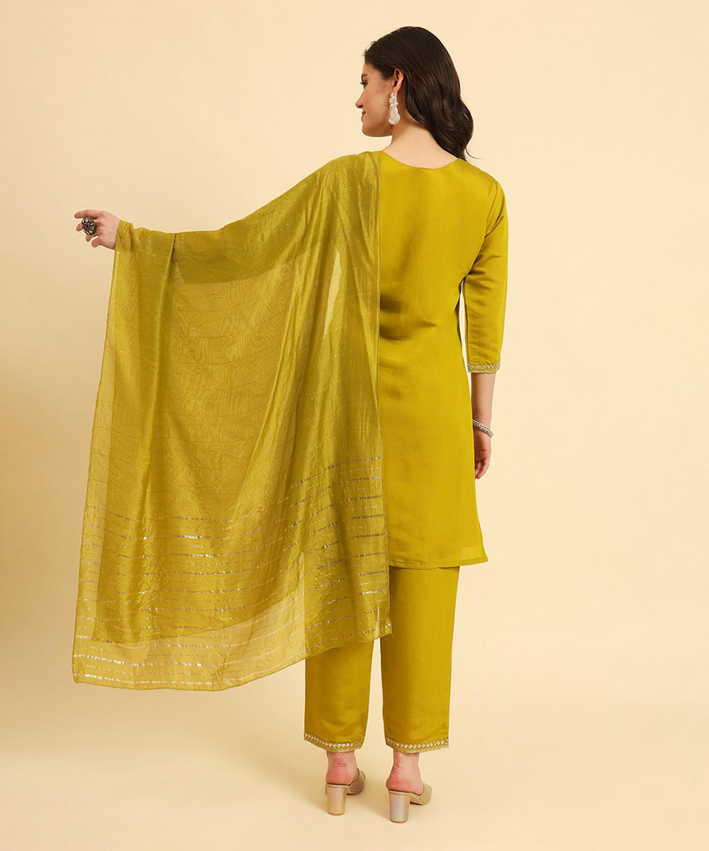 Kurta Set Olive Green Silk Blend Embroidered with Pant and Dupatta