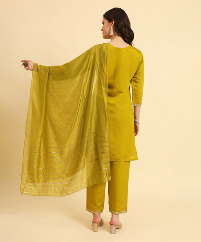 Kurta Set Olive Green Silk Blend Embroidered with Pant and Dupatta