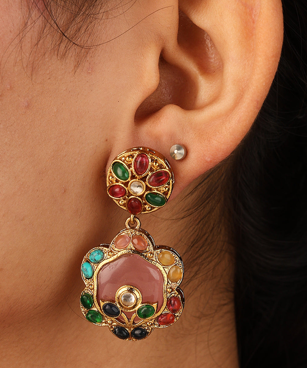 Colourful Flower Pendant Necklace with Transparent Stone Chain and Matching Earrings