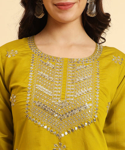 Kurta Set Olive Green Silk Blend Embroidered with Pant and Dupatta