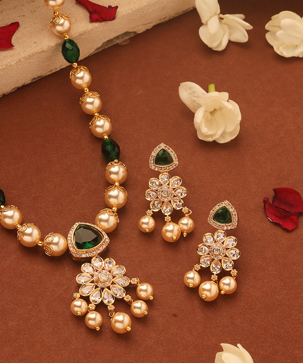 Pearl Necklace with American Diamonds and Green Stone Accents