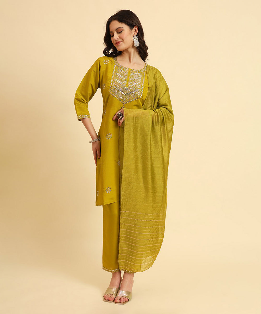Kurta Set Olive Green Silk Blend Embroidered with Pant and Dupatta