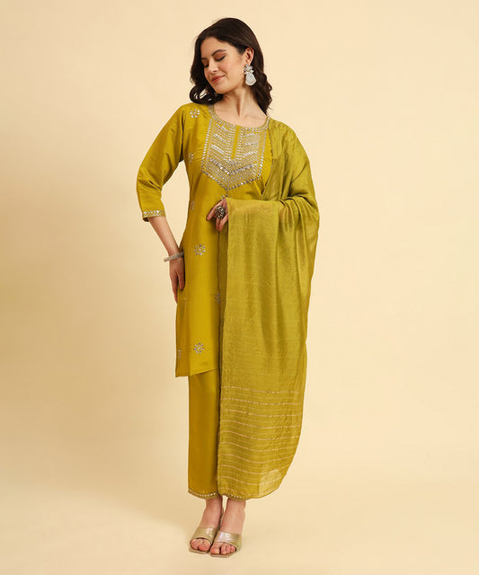 Kurta Set Olive Green Silk Blend Embroidered with Pant and Dupatta