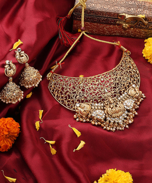 Statement Gold Plated Choker Set with Lakshmi Motif and Intricate Designs