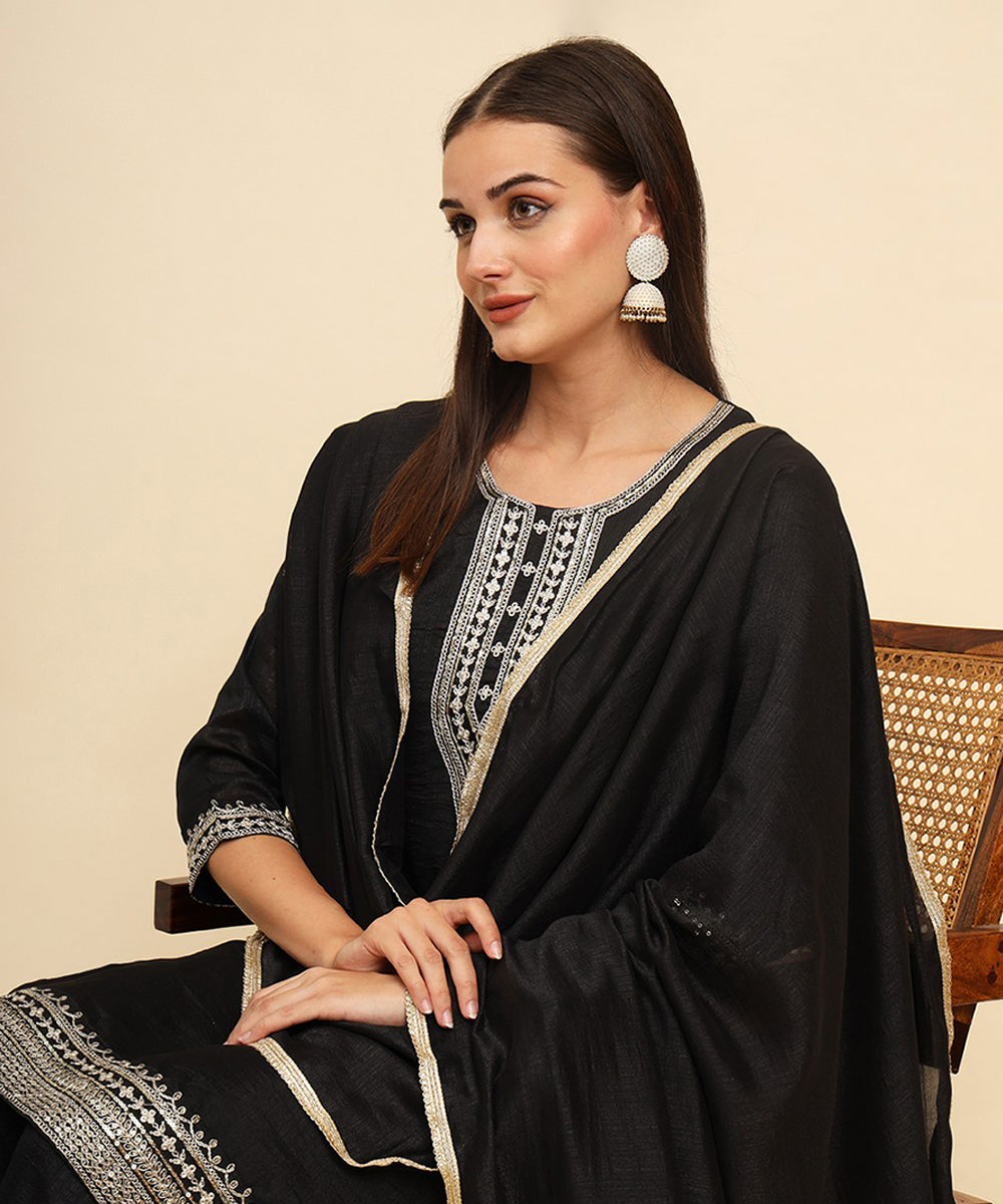 Kurta Set Black Silk Blend Embroidered with Pant and Dupatta