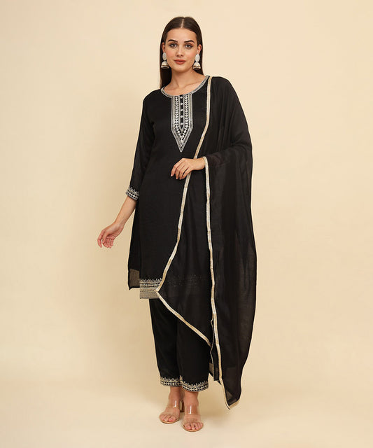 Kurta Set Black Silk Blend Embroidered with Pant and Dupatta