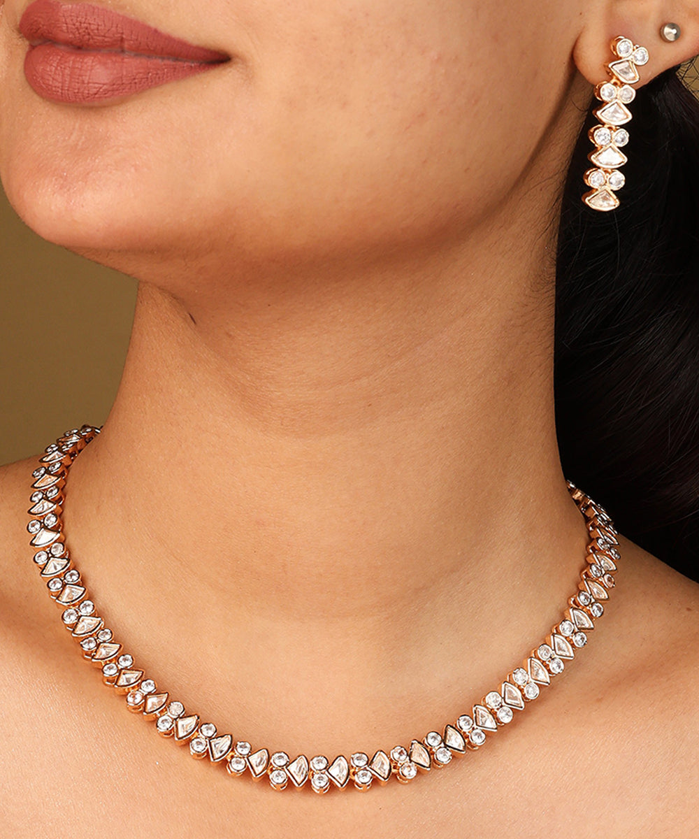 Gold Plated Necklace with Tiny Square Shaped Diamonds and Matching Earrings